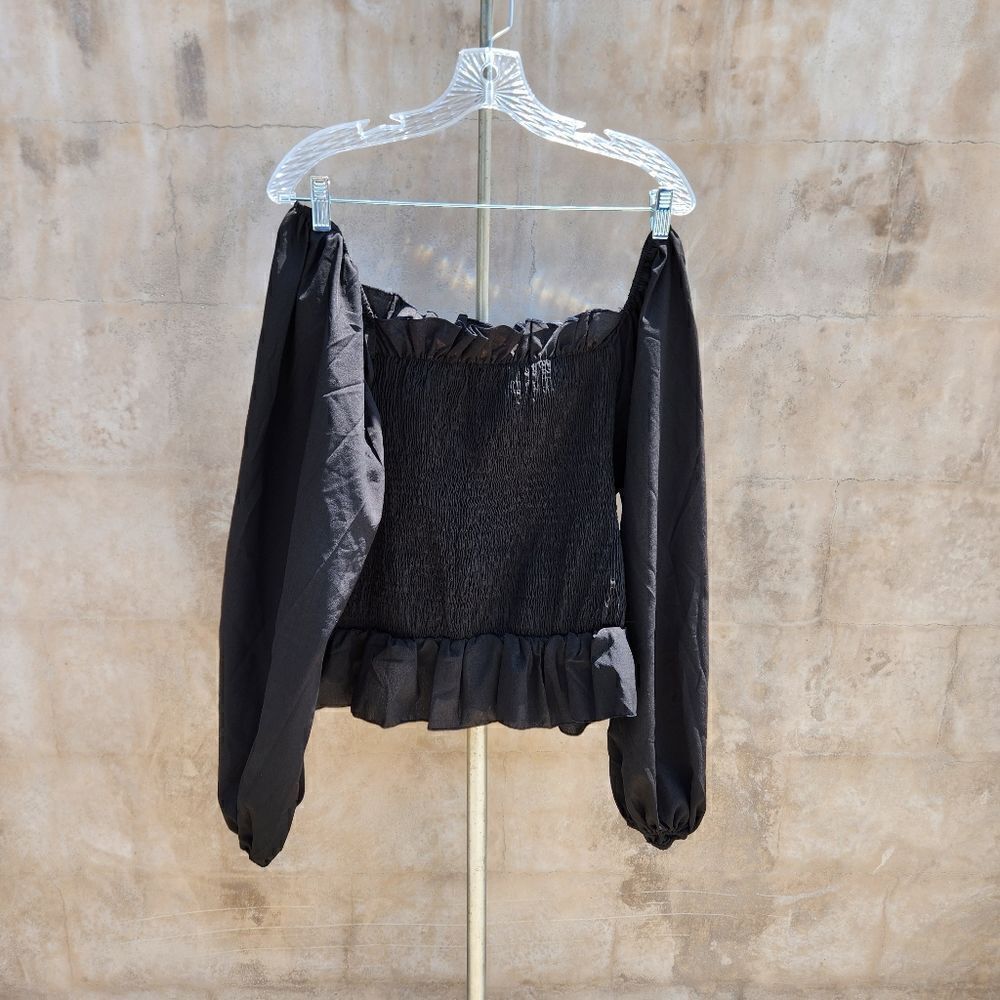 Nasty gal black puff sleeve off shoulder with shirred bodice